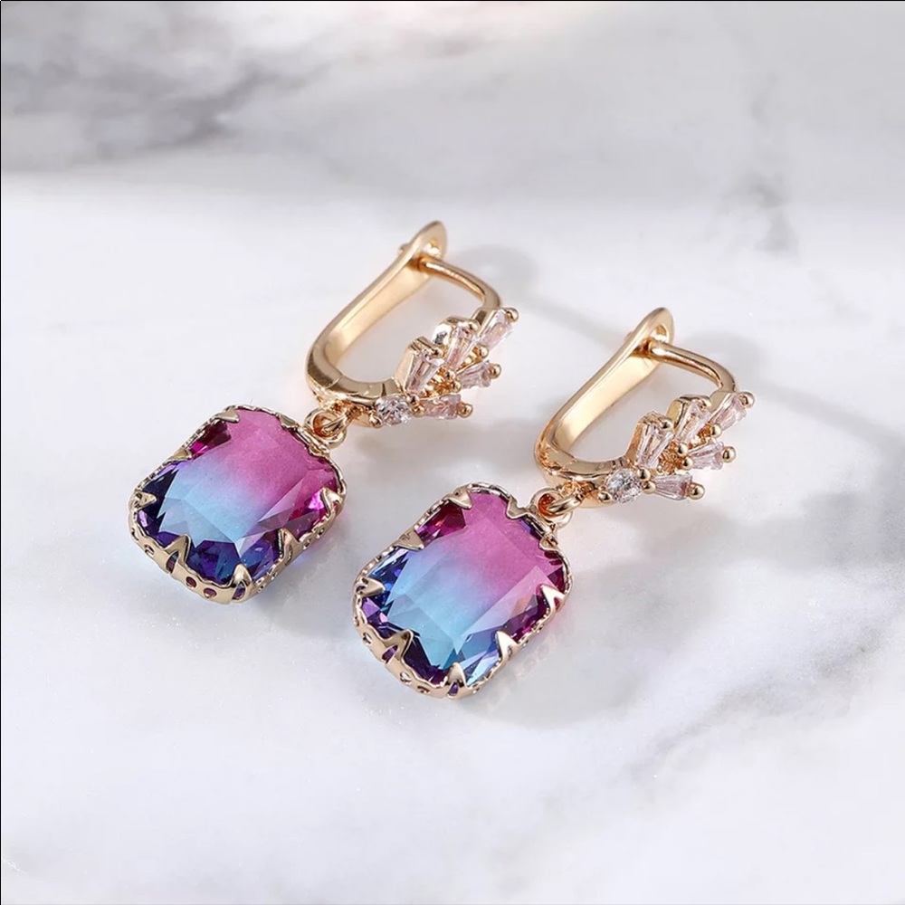 NEW 14k Multicolored Trendy Square Drop Earrings - Picture 2 of 4